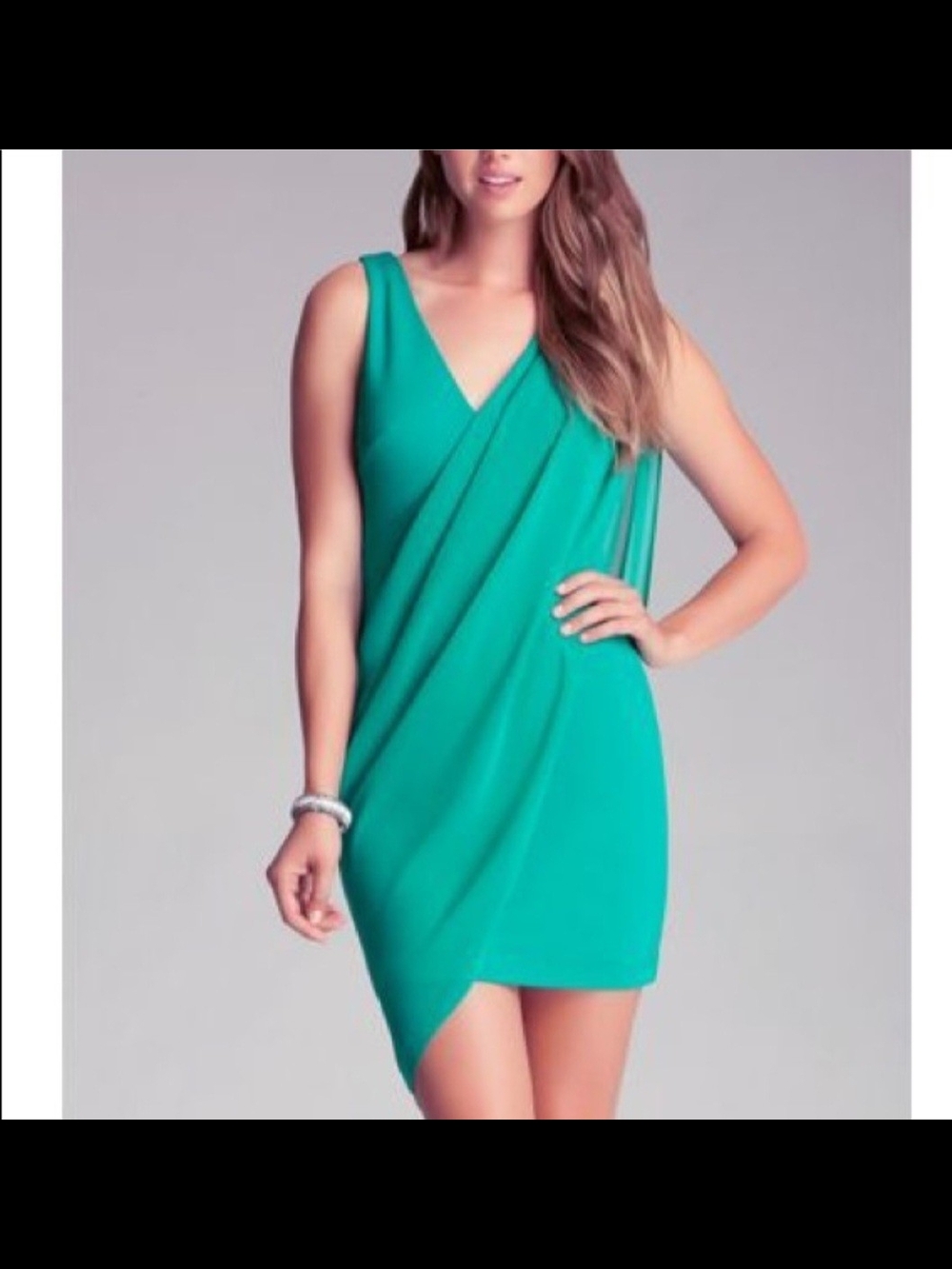 bebe One-Shoulder Draped Mini Dress in Teal Green